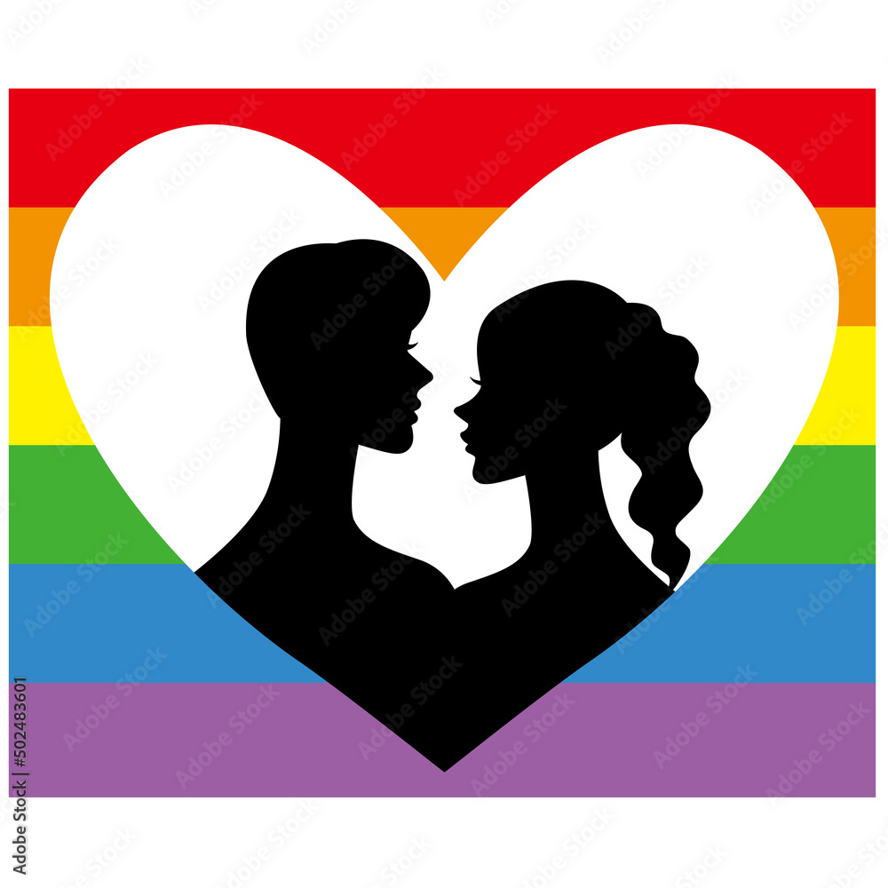 Silhouette of two women in the heart mark and rainbow flag 