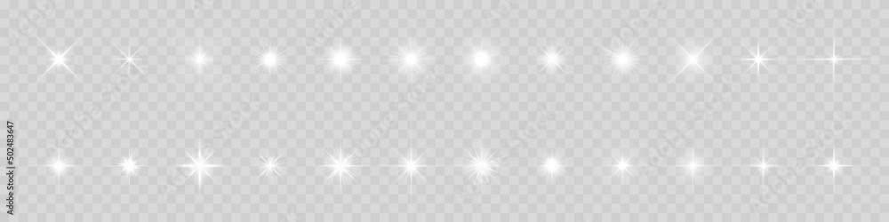 Star light and shine glow, vector sparks and bright sparkles effect on transparent background. Stars flare and starlight flash shine, magic glitter and twinkling stars - obrazy, fototapety, plakaty 