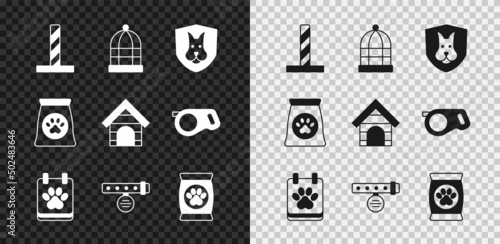 Set Cat scratching post with toy, Cage for birds, Animal health insurance, Calendar grooming, Collar name tag, Bag of food pet, and Dog house icon. Vector