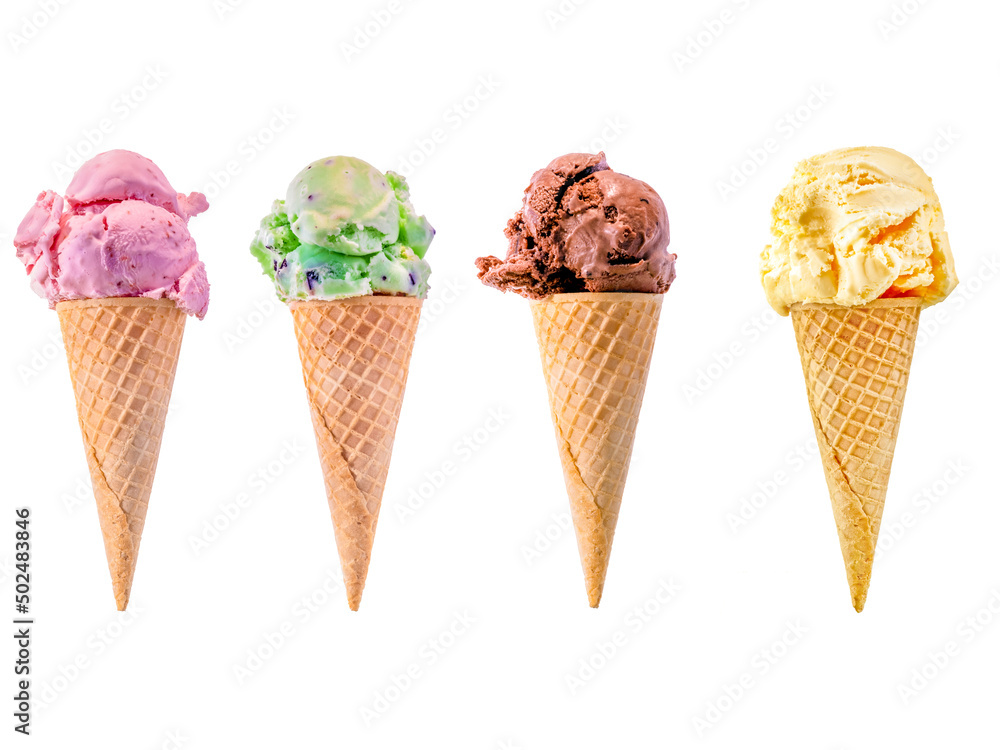 Row of Strawberry, Mint, Chocolate and Vanilla ice cream sugar cones on a white background with copy space. Row of Strawberry, Mint, Chocolate and Vanilla ice cream sugar cones on a white background with copy space.