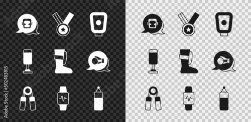 Set Boxing helmet, Medal, training paws, Sport expander, Smart watch with heart, Punching bag, and boxing shoes icon. Vector