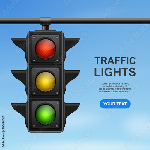 Vector Banner with 3d Realistic Detailed Road Traffic Lights on Blue Sky Background. Safety Rules Concept, Design Templete. Stoplight, Traffic Lights Template