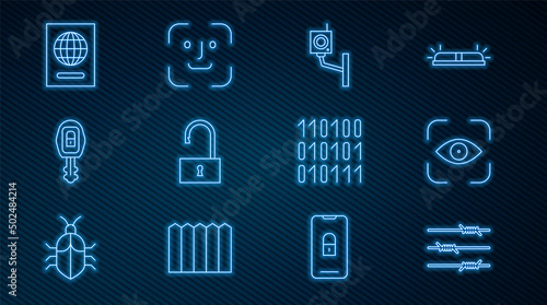 Set line Barbed wire, Eye scan, Security camera, Open padlock, Car key with remote, Passport, Binary code and Face recognition icon. Vector
