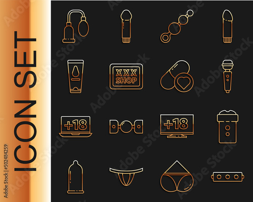 Set line Silicone ball gag with belt, Vagina masturbator, Dildo vibrator, Anal beads, Sex shop, Personal lubricant, Penis pump and Pills for potency, aphrodisiac icon. Vector