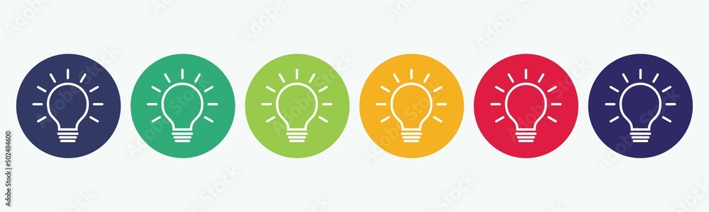 6 circles set with light bulb, concept idea icon in various colors. Vector illustration. 6 circles set with light bulb, concept idea icon in various colors. Vector illustration.
