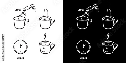Tea preparing icons, tea bag brewing instructions and pour method, vector. Tea brew process icons with cut and infuser kettle with water photo
