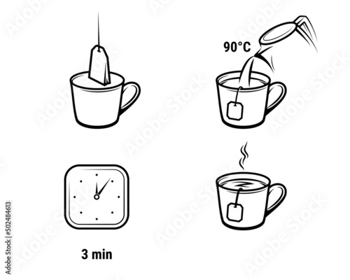 Tea brewing instruction icons or tea preparing method with cup and teabags brew, vector line labels