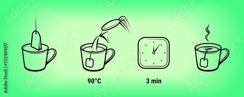 Tea brewing instruction icons of tea bag and cup, vector brew preparation method. Teabag brew mug and making icons with time steps