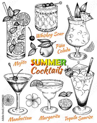 Sketch drawing set of summer cocktails isolated on white background. Hand drawn alcohol drinks, bar menu. Mojito, Pina Colada. Engraved lemon slices, plumeria flower, mint leaf. Vector illustration.