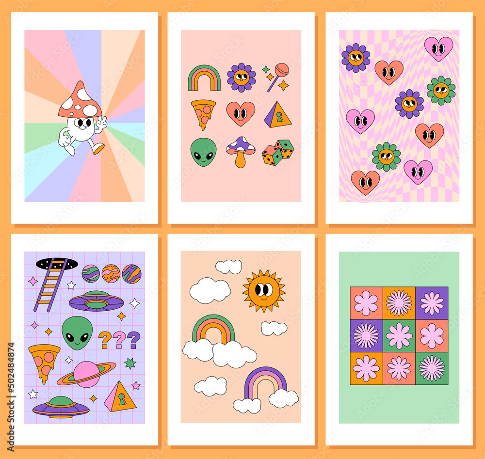 Abstract retro aesthetic backgrounds set with fun groovy illustrations. Preppy wall art. Danish pastel aesthetics. Trendy prints. Happy hippie 60s, 70s, 80s cartoon comic style. Abstract retro aesthetic backgrounds set with fun groovy illustrations. Preppy wall art. Danish pastel aesthetics. Trendy prints. Happy hippie 60s, 70s, 80s cartoon comic style.
