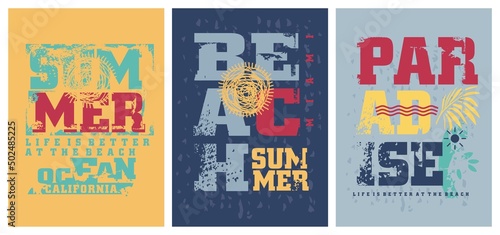 Summer t-shirts prints layout for clothing collection. Life is better at the beach. Summer paradise apparel prints and vector graphics.
