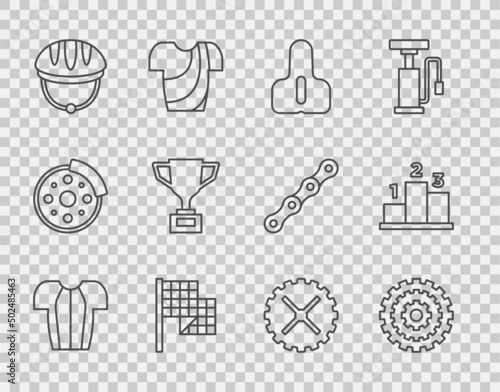 Set line Cycling t-shirt, Bicycle cassette, seat, Checkered flag, helmet, Award cup with bicycle, sprocket crank and over sports winner podium icon. Vector