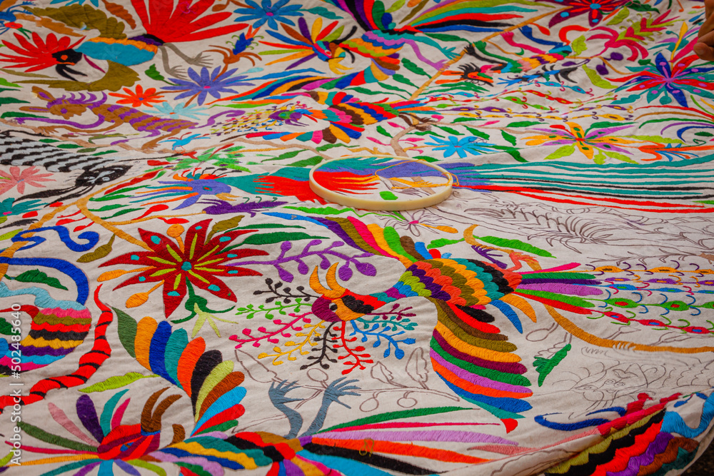 Wide Shot of a Tenango, one of the traditional fabrics of Mexico, in the process of embroidery