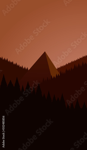 Orange monochrome tone landscape of forest mountains and pyramid