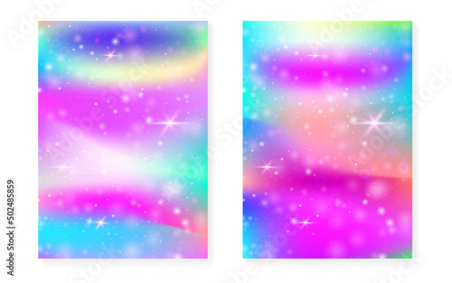 Unicorn background with kawaii magic gradient. Princess rainbow hologram.