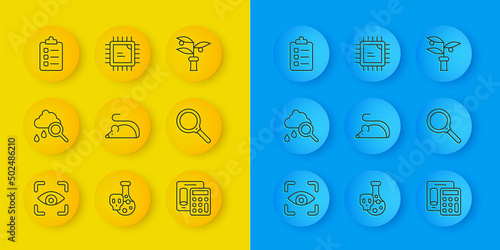 Set line Eye scan, Cloud with rain, Experimental mouse, Calculator, Magnifying glass, To do list planning, Plant breeding and Processor CPU icon. Vector