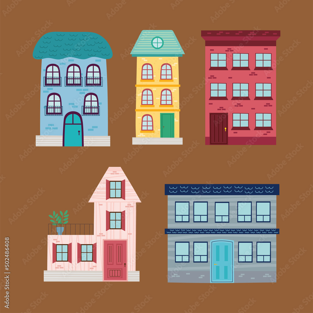 five city buildings icons