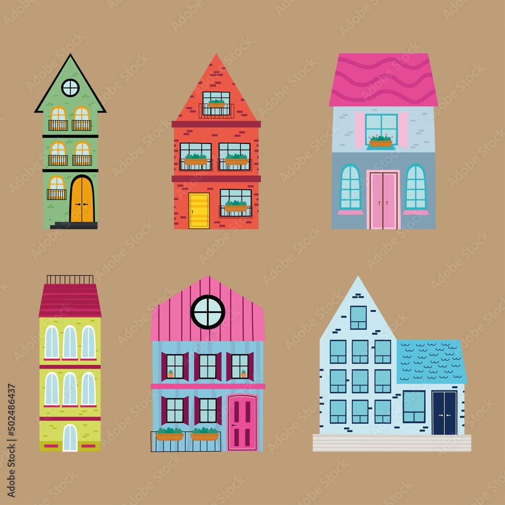 six city buildings icons