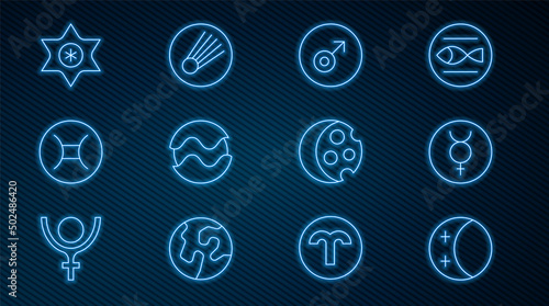 Set line Eclipse of the sun, Symbol Mercury, Mars symbol, Planet, Gemini zodiac, Falling star, and Comet icon. Vector