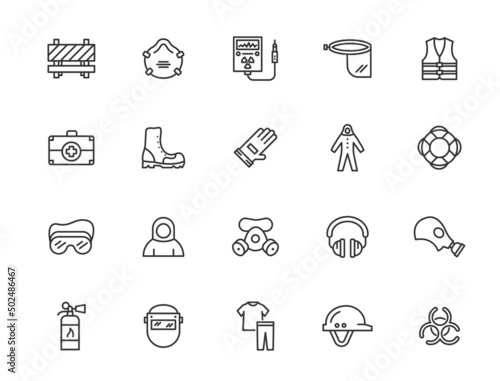 Personal protection safety equipment mask work respirator face health pictogram vector icon set