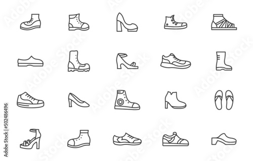 Shoe line icon illustration. Footwear sneaker outline fashion thin minimal shoe set side casual foot boots
