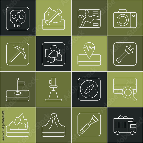 Set line Mining dump truck, Soil analysis, Wrench spanner, Topographic map, Gold nugget, Pickaxe, Archeology and Earthquake icon. Vector