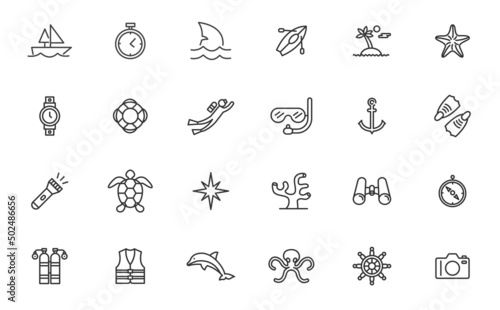 Scuba diver vector line icon. Whale deep octopus underwater diving coral outline thin design web icon set