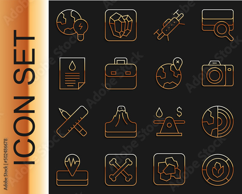 Set line Soil analysis, Earth core structure crust, Photo camera, Drone, Briefcase, Oil drop document, Global planet with bulb and Location the globe icon. Vector