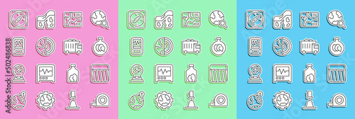 Set line Roulette construction, Ground, Exhibition with minerals, rocks, Topographic map, Earth core structure crust, Seismograph, Compass and Mining dump truck icon. Vector
