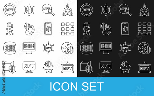 Set line NFT Digital crypto art, blockchain technology, Search, Cyber security, and Mobile with store app icon. Vector