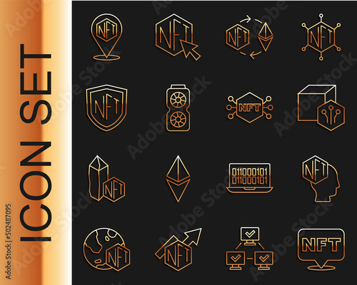 Set line NFT Digital crypto art, Ethereum exchange, Video graphic card, shield, and icon. Vector