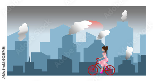 Girl on a bicycle through the polluted city. Concept of alternative means of transportation and solutions for the reduction of environmental pollution. Vectors.