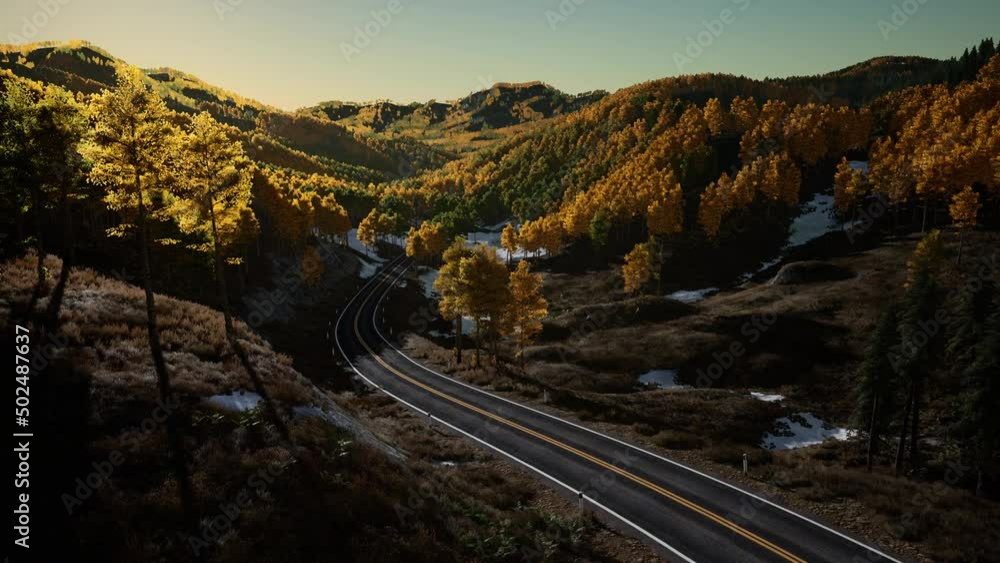 aerial panoramic landscape view of a scenic road in Canadian Mountains aerial panoramic landscape view of a scenic road in Canadian Mountains