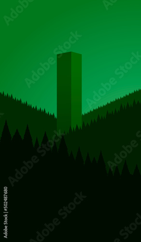 Green monochrome tone landscape of forest mountains and cuboid