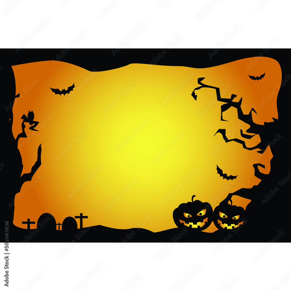 Illustration of a halloween frame with pumpkins,bats,graves