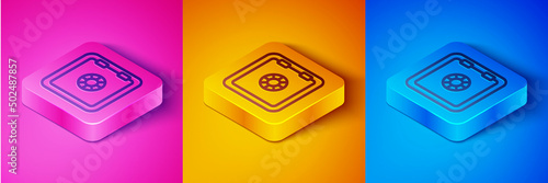 Isometric line Safe icon isolated on pink and orange, blue background. The door safe a bank vault with a combination lock. Reliable Data Protection. Square button. Vector