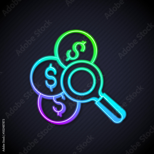 Glowing neon line Search for money icon isolated on black background. Vector