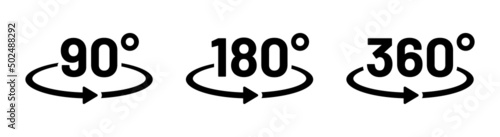 90 180 360 degree icon set in flat style. View rotation vector isolated on white background.