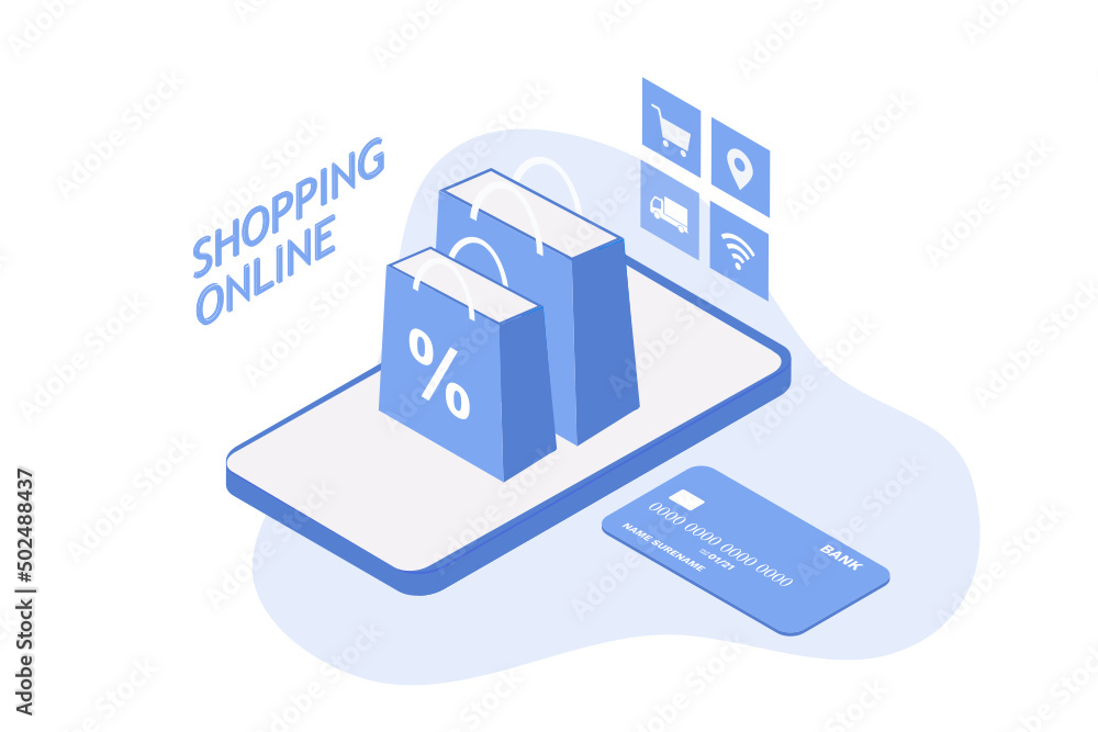 Online shopping and delivery service concept, sale shopping bag on smartphone and credit card vector illustration