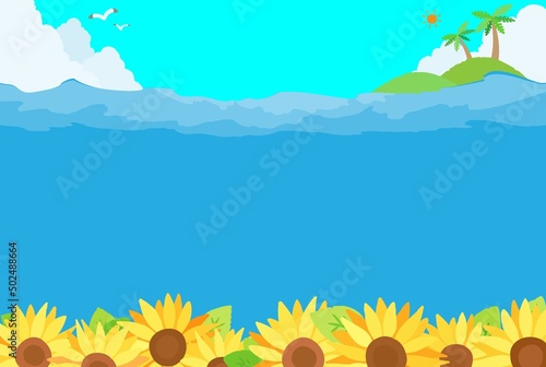 シンプルで爽やかな海とひまわりの風景イラスト