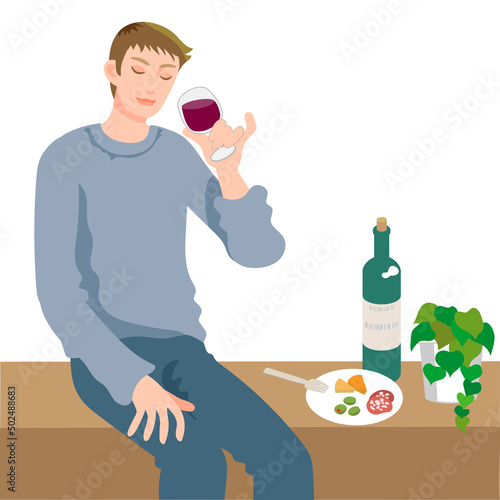 ベンチでくつろいで目をつぶって考え事をしながら赤ワインを飲む若い男性とベンチに置かれたワインボトルとおつまみのプレート、観葉植物
