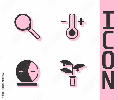 Set Plant breeding, Magnifying glass, Atom and Thermometer icon. Vector