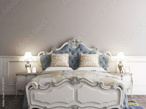 Classic bedroom interior mockup with classic blue bed, and blue lamp. 3d rendering. 3d illustration