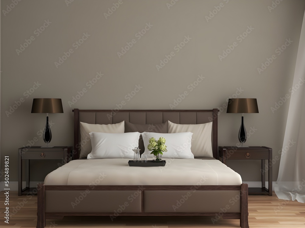 Bedroom interior mockup with khaki wall and brown furniture. 3d rendering. 3d illustration Bedroom interior mockup with khaki wall and brown furniture. 3d rendering. 3d illustration