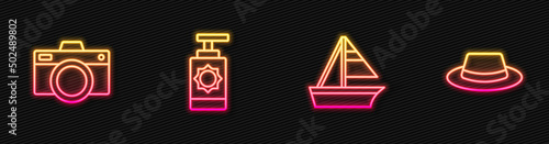 Set line Yacht sailboat, Photo camera, Sunscreen spray bottle and Man hat with ribbon. Glowing neon icon. Vector
