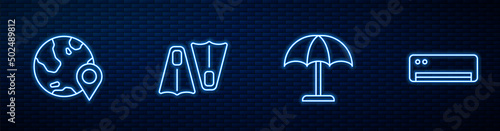 Set line Sun protective umbrella, Location on the globe, Rubber flippers for swimming and Air conditioner. Glowing neon icon on brick wall. Vector