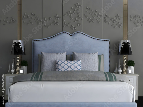 Fotografie Bedroom interior mockup with gray decorative wall and luxury blue bedroom
