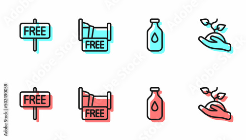 Set line Bottle of water, Free sign, overnight stay house and Volunteer team planting trees icon. Vector