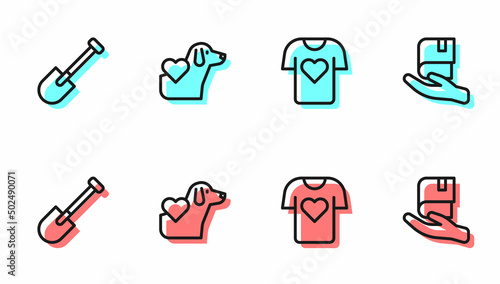 Set line Clothes donation, Shovel, Heart with dog and Book icon. Vector