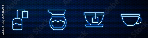 Set line Cup with tea bag, Tea, Teapot and of. Glowing neon icon on brick wall. Vector